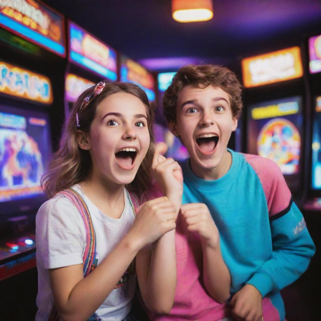 A lively arcade scene featuring a surprised girl in colorful, retro arcade attire and a smiling boy implying triumph over a game. Neon lights reflecting on their faces.