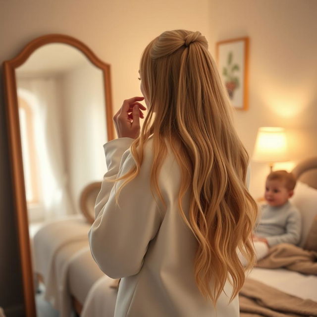 A beautiful scene of a mother standing in front of a mirror, with long, soft, flowing hair that is not tied up