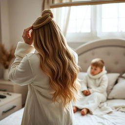 A beautiful scene of a mother standing in front of a mirror, with long, soft, flowing hair that is not tied up