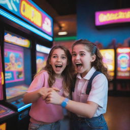 A lively arcade scene featuring a surprised girl in colorful, retro arcade attire and a smiling boy implying triumph over a game. Neon lights reflecting on their faces.