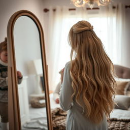 A beautiful scene of a mother standing in front of a mirror, with long, soft, flowing hair that is not tied up