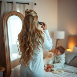 A beautiful scene of a mother standing in front of a mirror, with long, soft, flowing hair that is not tied up