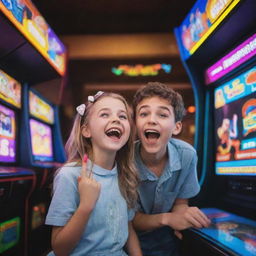 A lively arcade scene featuring a surprised girl in colorful, retro arcade attire and a smiling boy implying triumph over a game. Neon lights reflecting on their faces.