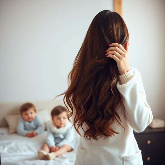 A heartwarming scene of a mother standing in front of a mirror, with long, silky hair flowing freely