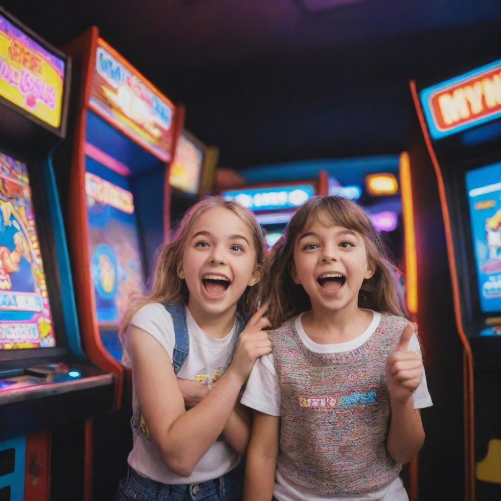 A lively arcade scene featuring a surprised girl in colorful, retro arcade attire and a smiling boy implying triumph over a game. Neon lights reflecting on their faces.