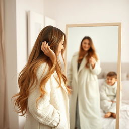 A heartwarming scene of a mother standing in front of a mirror, with long, silky hair flowing freely