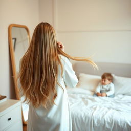 A heartwarming scene of a mother standing in front of a mirror, with long, silky hair flowing freely