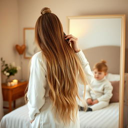 A serene scene of a mother standing in front of a mirror, with long, silky hair cascading down, not tied up