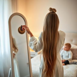 A serene scene of a mother standing in front of a mirror, with long, silky hair cascading down, not tied up