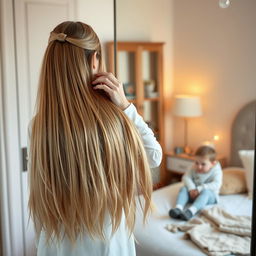 A serene scene of a mother standing in front of a mirror, with long, silky hair cascading down, not tied up