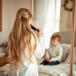 A serene scene of a mother standing in front of a mirror, with long, silky hair cascading down, not tied up