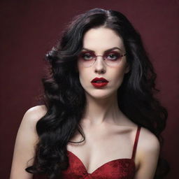 Create an image of a pale vampire woman with long wavy black hair. She has red, sensual lips, wears red glasses, and is dressed in a wine-colored dress.