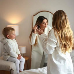 A warm and tender scene of a mother standing in front of a mirror, her long, silky hair flowing down freely as she brushes it with care