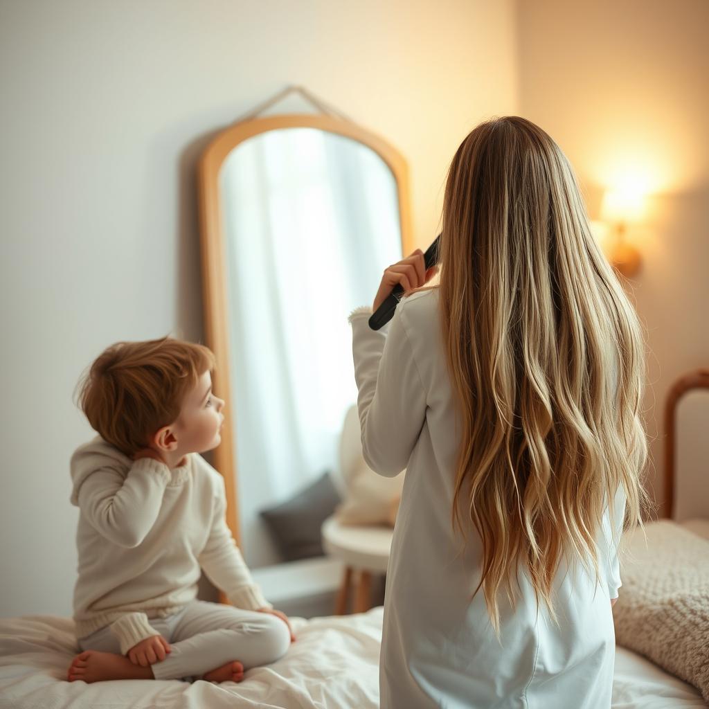 A warm and tender scene of a mother standing in front of a mirror, her long, silky hair flowing down freely as she brushes it with care