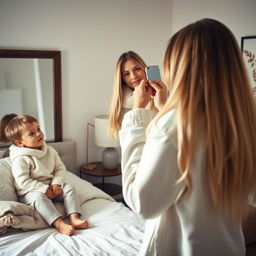 A warm and tender scene of a mother standing in front of a mirror, her long, silky hair flowing down freely as she brushes it with care