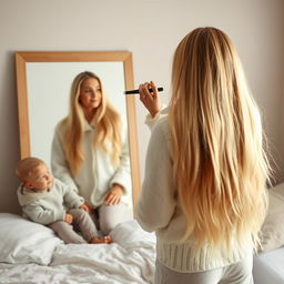 A warm and tender scene of a mother standing in front of a mirror, her long, silky hair flowing down freely as she brushes it with care