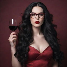 Create an image of a pale vampire woman with long wavy black hair. She has red, sensual lips, wears red glasses, and is dressed in a wine-colored dress.