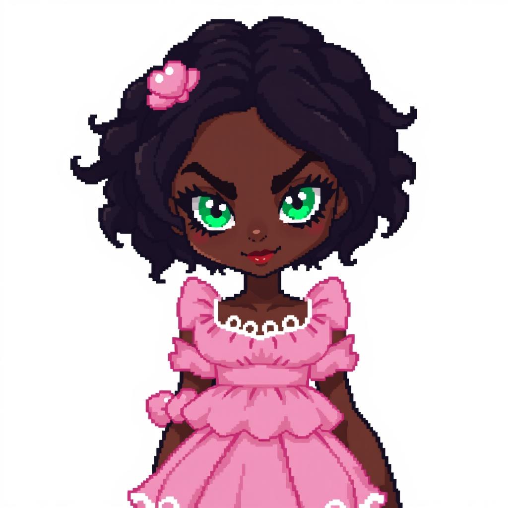 A full-body pixel art depiction of a tall, medium-built young woman with very dark brown skin