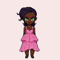 A full-body pixel art depiction of a tall, medium-built young woman with very dark brown skin