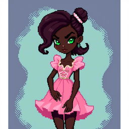 A full-body pixel art depiction of a tall, medium-built young woman with very dark brown skin