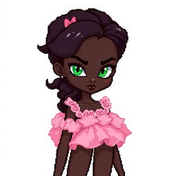 A full-body pixel art depiction of a tall, medium-built young woman with very dark brown skin