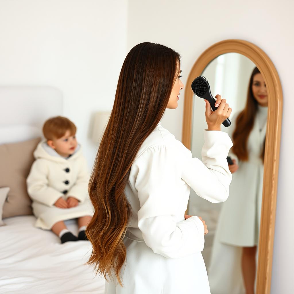 A beautiful scene of a mother standing in front of a mirror, her long, smooth hair cascading down her back, as she brushes it with a hairbrush