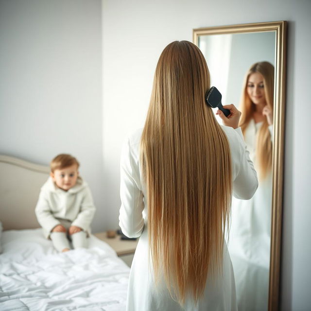 A beautiful scene of a mother standing in front of a mirror, her long, smooth hair cascading down her back, as she brushes it with a hairbrush