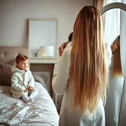 A beautiful scene of a mother standing in front of a mirror, her long, smooth hair cascading down her back, as she brushes it with a hairbrush