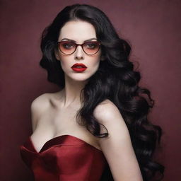 Create an image of a pale vampire woman with long wavy black hair. She has red, sensual lips, wears red glasses, and is dressed in a wine-colored dress.