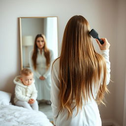 A beautiful scene of a mother standing in front of a mirror, her long, smooth hair cascading down her back, as she brushes it with a hairbrush