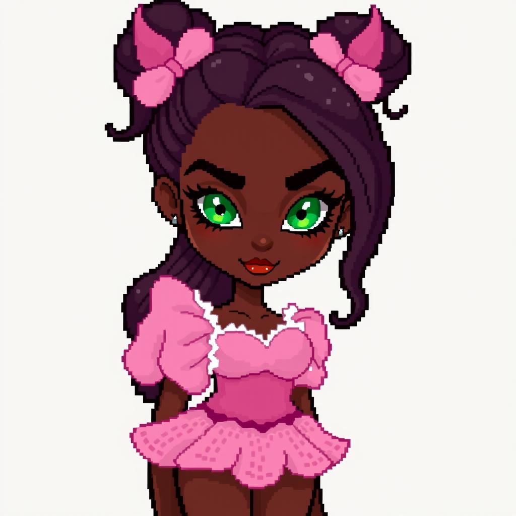 A full-body pixel art depiction of a 21-year-old woman with very dark brown skin