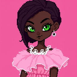 A full-body pixel art depiction of a 21-year-old woman with very dark brown skin