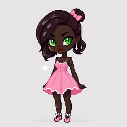 A full-body pixel art depiction of a 21-year-old woman with very dark brown skin