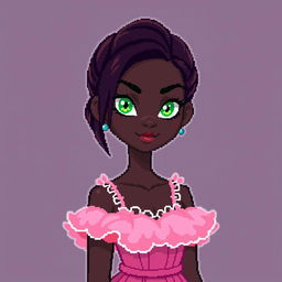 A full-body pixel art depiction of a 21-year-old woman with very dark brown skin