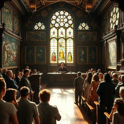 A beautifully illuminated ancient wooden courtroom filled with ornate carvings, featuring a judge in traditional robes, presiding over a case with intense focus