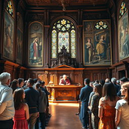 A beautifully illuminated ancient wooden courtroom filled with ornate carvings, featuring a judge in traditional robes, presiding over a case with intense focus