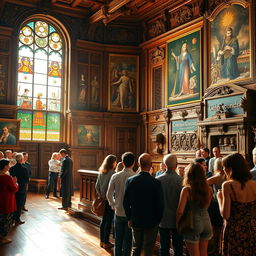 A beautifully illuminated ancient wooden courtroom filled with ornate carvings, featuring a judge in traditional robes, presiding over a case with intense focus