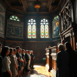 A beautifully illuminated ancient wooden courtroom filled with ornate carvings, featuring a judge in traditional robes, presiding over a case with intense focus