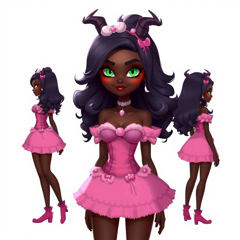 A full-body character design for a video game featuring a 21-year-old woman with very dark brown skin