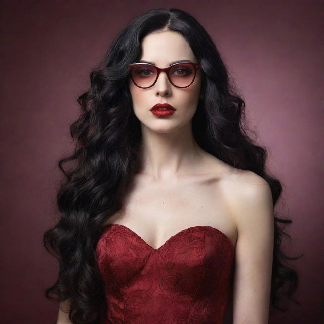 Create an image of a pale vampire woman with long wavy black hair. She has red, sensual lips, wears red glasses, and is dressed in a wine-colored dress.