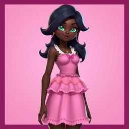 A full-body character design for a video game featuring a 21-year-old woman with very dark brown skin