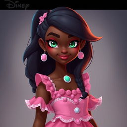 A full-body character design for a video game featuring a 21-year-old woman with very dark brown skin