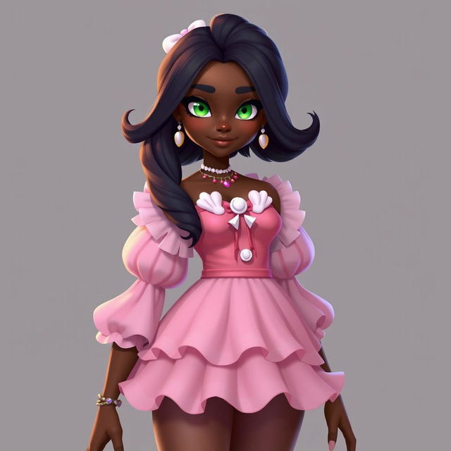 A full-body character design for a video game featuring a 21-year-old woman with very dark brown skin