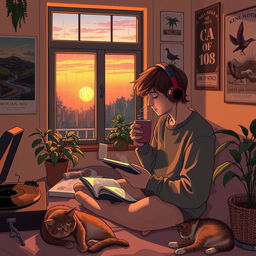 A cozy, atmospheric scene perfect for a lofi music background, featuring a soft, warm-colored room with a window showing a serene sunset