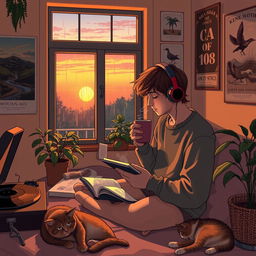 A cozy, atmospheric scene perfect for a lofi music background, featuring a soft, warm-colored room with a window showing a serene sunset