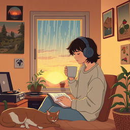 A cozy, atmospheric scene perfect for a lofi music background, featuring a soft, warm-colored room with a window showing a serene sunset