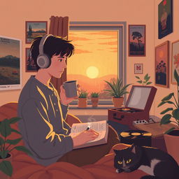 A cozy, atmospheric scene perfect for a lofi music background, featuring a soft, warm-colored room with a window showing a serene sunset