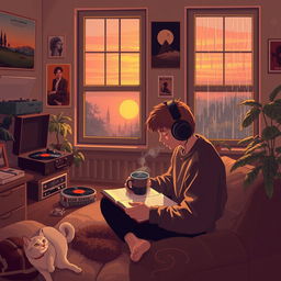 A cozy, atmospheric scene perfect for a lofi music background, featuring a soft, warm-colored room with a window showing a serene sunset