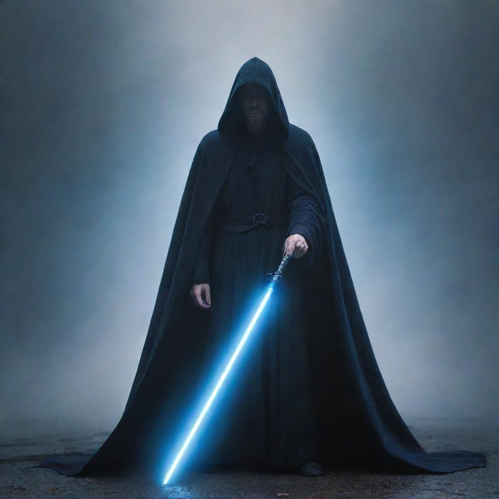 An enigmatic figure in a flowing dark hooded cape gripping a bright blue staff emitting light within an ethereal atmosphere full of mist and floating light particles. The figure's hands around the radiant blue staff illuminate the surrounding area, creating a mystical aura against the foggy background.