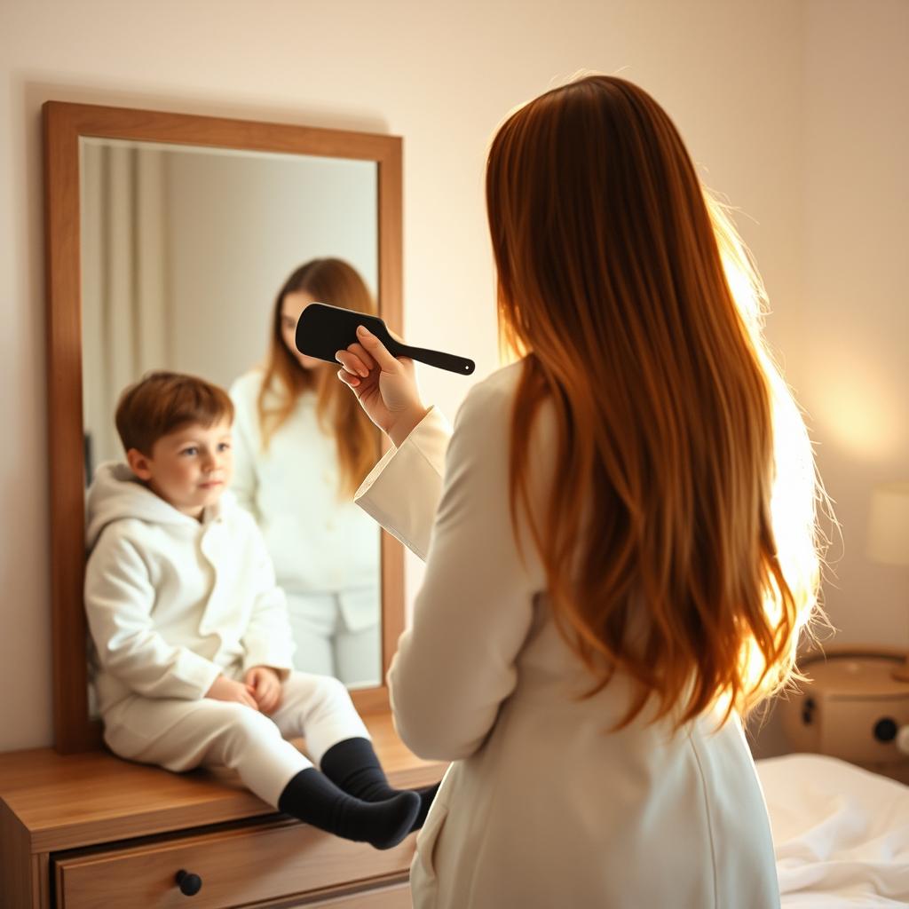 A heartwarming scene depicting a mother in her forties standing in front of a mirror, her long, smooth hair flowing freely as she brushes it with a hairbrush